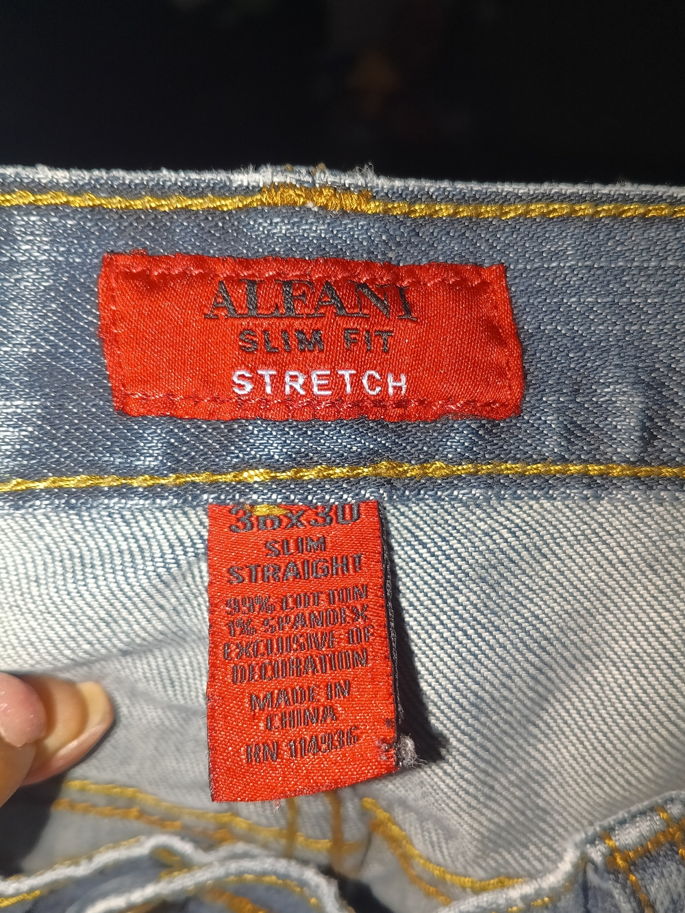 Alfani Light Blue Slim Straight Stretch Jeans with Yellow Stitching